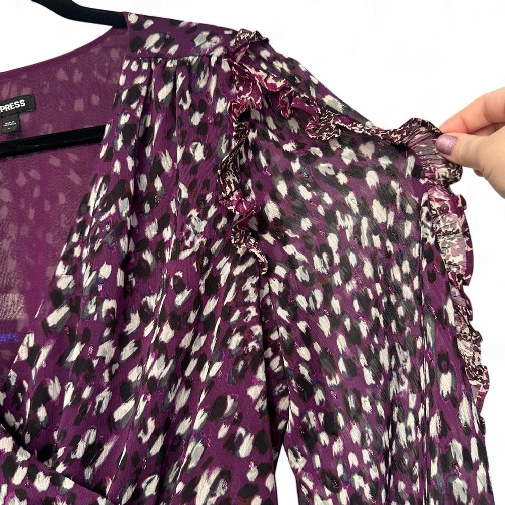 Express V-Neck Peplum Purple Blouse with Ruffles - Picture 3 of 8